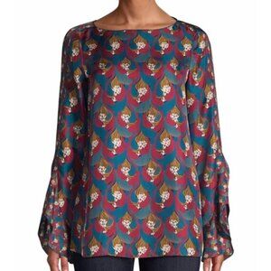 Lafayette 148 New York 100% Silk Emory Blouse Print Bell Sleeve Ruffle Boho